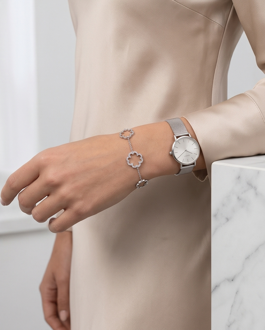 Florielle - Kleeblatt-Armband mit Strass | Silber